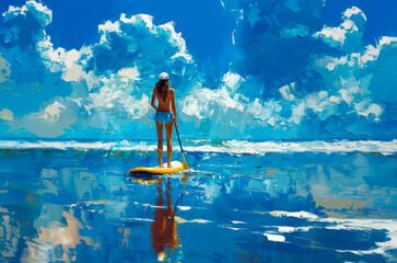 Paint art of woman stands on sup paddle board. AI generative - 782440922