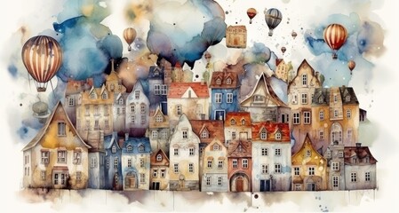 Whimsical Watercolor Cityscape with Flying Islands and Air Balloons Generative AI