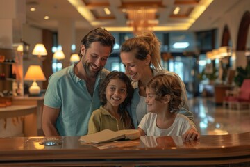 A joyful family of four with two children smiling and bonding in the warm ambiance of a hotel lobby. Happy Family Enjoying Time in Hotel Lobby