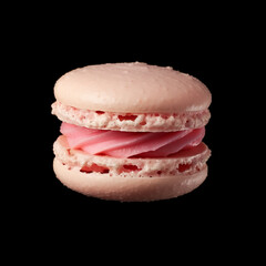 A Raspberry pink macaron with cream filling, isolated on black background, no shadow, easy to cut out.
