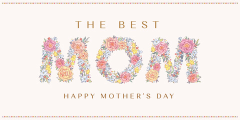 Mother's day floral poster, greeting card, flyer, wallpaper or web banner with hand drawn flowers and golden text on pink background. Vector illustration