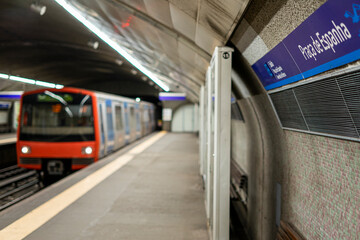 Atrium of Praçaa de Espanha subway station with focus on the name of the area, Lisbon-Portugal