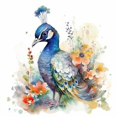 Vibrant Watercolor Artwork: Cute Baby Peacock in Blooming Flower Meadow Generative AI