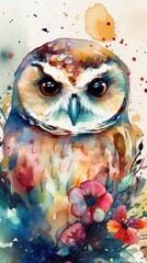 Whimsical Watercolor Owl in Blooming Meadow Generative AI