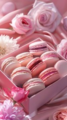 Pink macarons with flowers and a gift box. 