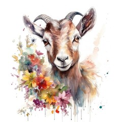 Vibrant Watercolor Artwork: Captivating Kid Goat in Blooming Flower Meadow Generative AI