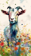 Vibrant Watercolor Artwork of an Adorable Kid Goat in a Floral Meadow Generative AI - obrazy, fototapety, plakaty