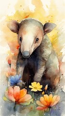 Whimsical Watercolor Artwork of Adorable Baby Anteater in Blooming Meadow Generative AI