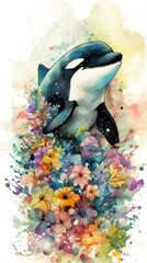 Whimsical Watercolor Orca In Blooming Meadow Generative AI