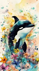 Naklejka premium Charming Baby Orca in a Colorful Flower Field Watercolor Painting Generative AI