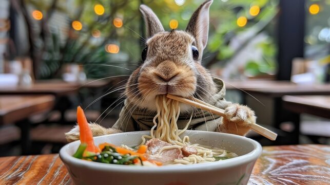   A rabbit wields chopsticks, consuming noodles from a bowl on a table Restaurant vista behind