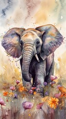 Delightful Baby Elephant in Vibrant Flower Field Generative AI