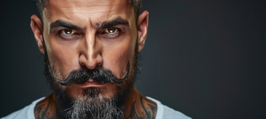 Modern groomed mustache and beard on man, showcasing contemporary grooming with text space