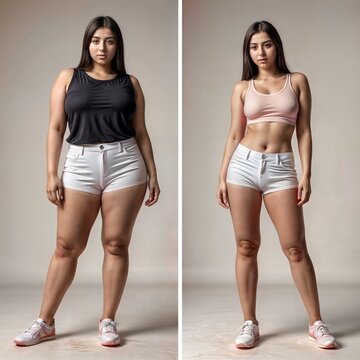 Before-and-after images illustrate the transformation of a young adult woman from overweight to slim, following a diet and exercise regimen.