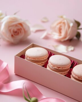 macaroons in a gift box and flower