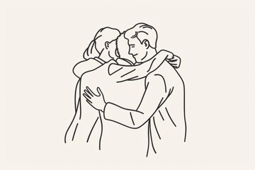 Minimalist line art of business people hugging each other, symbolizing support and team unity on a white background Generative AI