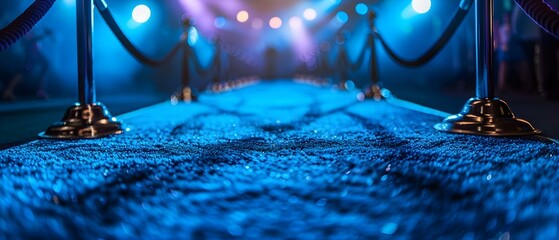 Spotlit Blue Carpet Premiere with Elegant Boundaries. Concept Red Carpet Events, Celebrity Appearances, Film Premieres, A-List Venues, Glamorous Atmosphere - obrazy, fototapety, plakaty