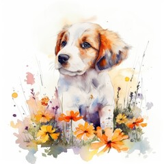 Vibrant Watercolor Artwork of an Adorable Puppy Frolicking in a Blooming Flower Meadow Generative AI