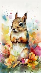 Endearing Baby Squirrel in Flower Field Watercolor Painting Generative AI