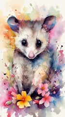Whimsical Watercolor Possum in Blooming Flower Meadow Generative AI
