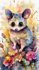 Whimsical Watercolor of Playful Possum in Vibrant Floral Meadow Generative AI