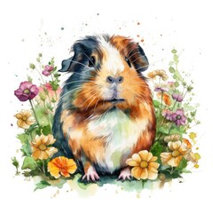 Vibrant Guinea Pig Amid Blossoming Flowers - Watercolor Art Generative AI