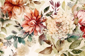 Vibrant Watercolor Seamless Pattern with Nature Blooms Generative AI