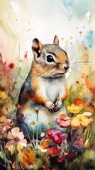 Lovable Baby Chipmunk in a Colorful Flower Field - Watercolor Painting Generative AI