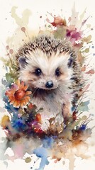 Whimsical Watercolor Artwork of an Adorable Hedgehog in Vibrant Floral Meadow Generative AI