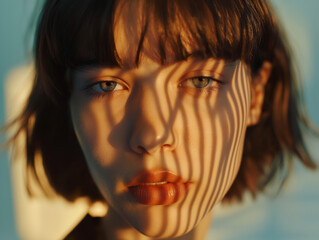 Striking Shadow Play on Woman's Face - Artistic Close-Up Portrait with Bold Contrast and Warm Sunset Light