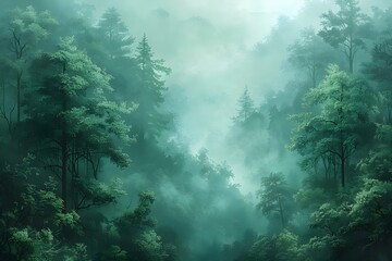 Fototapeta na wymiar Enigmatic Misty Forest - Tranquil Nature Scene. Concept Enigmatic Forest, Misty Atmosphere, Tranquil Nature, Serene Scene