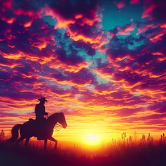 Fototapeta premium silhouette of a cowboy riding into the sunset, dreamy look, vibrant sky