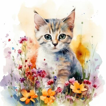Whimsical Kitten in Vibrant Floral Meadow Generative AI