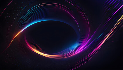 Dark abstract background with smooth particles. Glowing dotted lines circle design element. Modern dot pattern. Futuristic technology concept. Vector illustration,