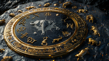Fototapeta na wymiar Zodiac sign horoscope circle on dark background. Creative background. Future concept.