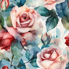 Vibrant Watercolor Rose Floral Pattern Generative AI