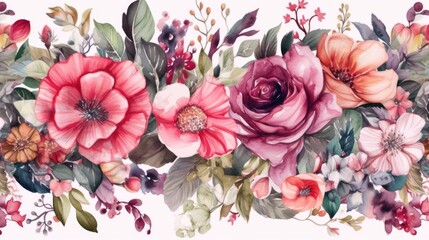 Vibrant Floral Watercolor Border with Pink Flowers and Green Leaves Generative AI