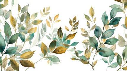 Watercolor Seamless Nature Border with Gold Leaves Generative AI