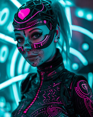 Hot beauty girl alien android green turquoise face robot frontal symmetrical portrait Cinematic shot of a beautiful 20yo slim with xl curves woman elegant alien suit