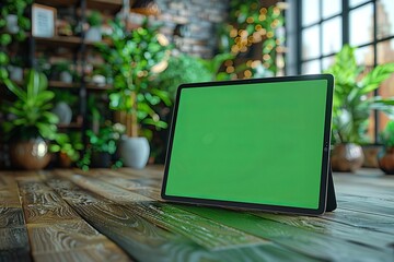 Tablet on wood table with green screen, surrounded by plants and flowers
