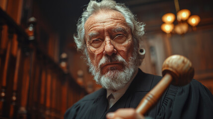 Senior Caucasian judge holding mallet in courtroom.