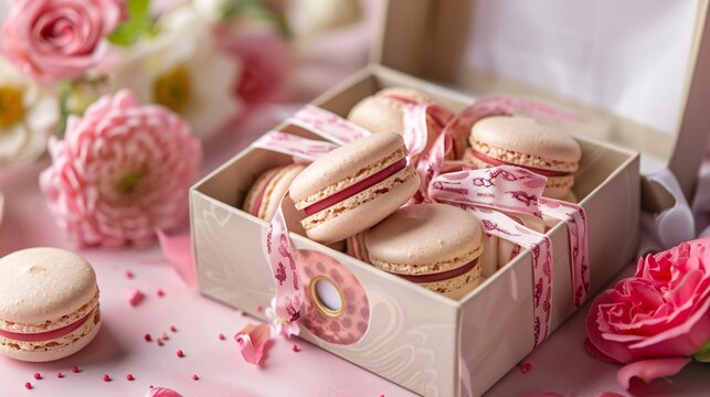 Festive macaroons in a gift box and flowers close-up.