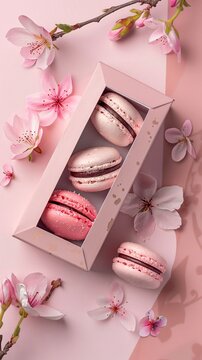 Pink macarons with flowers and a gift box. 