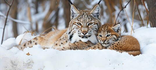 Male bobcat and bobcat kitten portrait with ample space on the left for text placement
