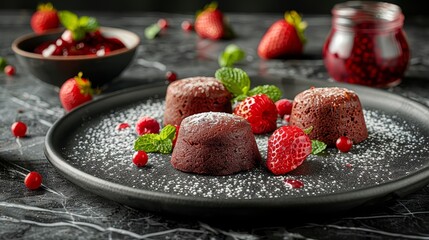   A black plate holds cakes topped with powdered sugar and strawberries, beside a bowl of fresh raspberries