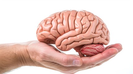 Hand holding human brain model with neuron hologram, isolated on white background