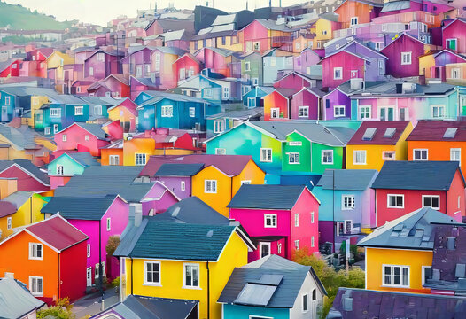 abstract geometric watercolor background, colorful houses in the city with watercolor paint on paper, rainbow colors,