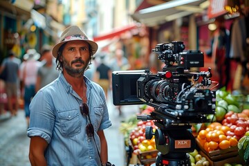 Man selling sun hats at a city market, standing in front of a camera