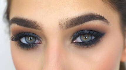 Close up of a womans brown eyes with smokey eye makeup