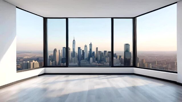 Collection of Footage "Interior skyscrapers view cityscape mockup of a blank room with a white wall during the day. Skyline view from a high-rise window. A gorgeous real estate with a view."